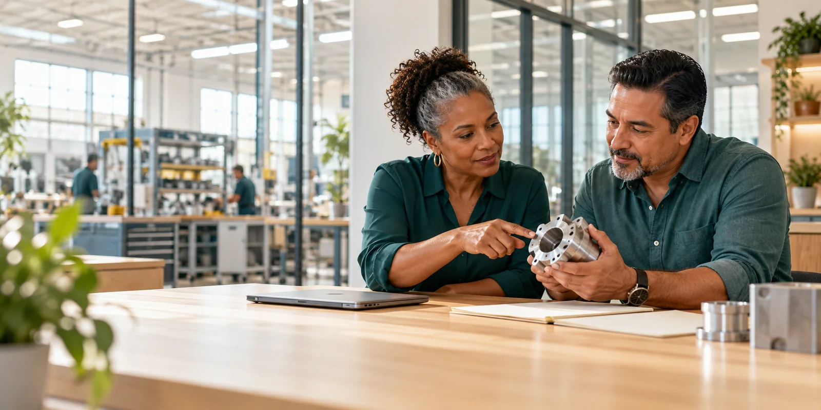 Two people reviewing a machined part in a manufacturing office