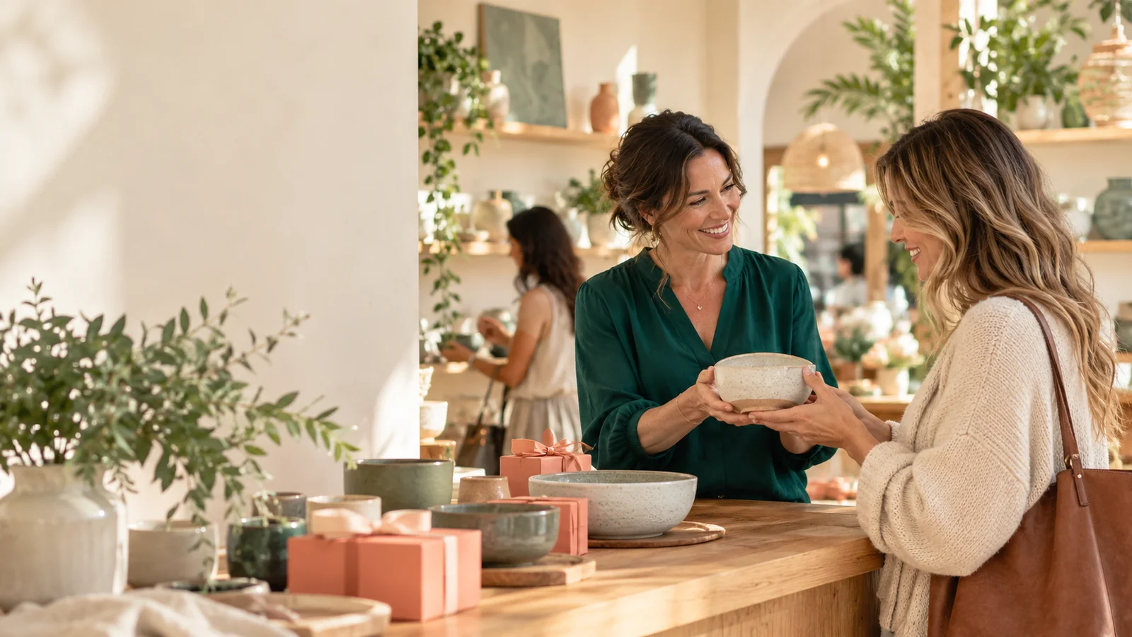 A shop owner handing a ceramic bowl to a customer in a bright store