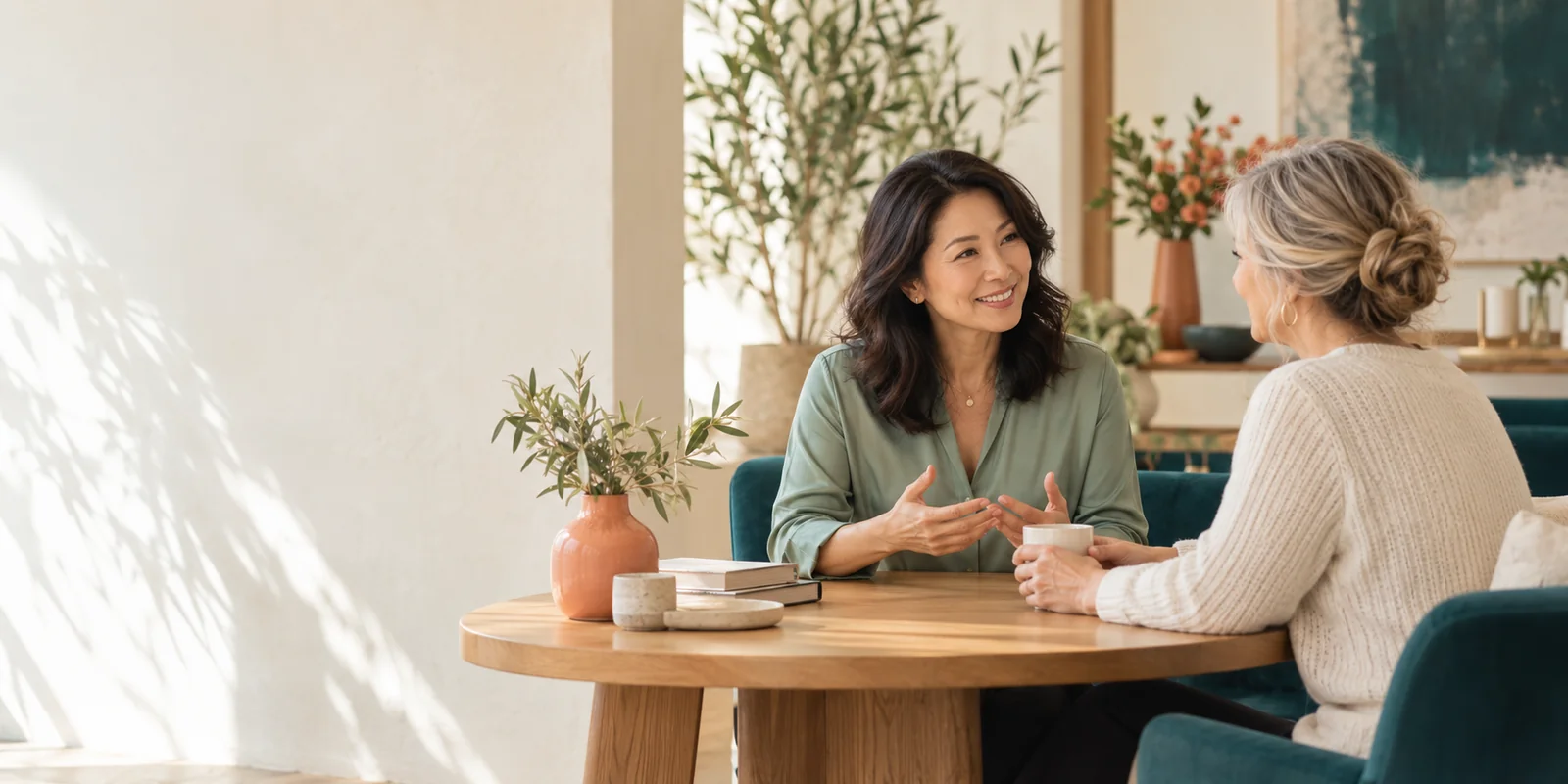 An advisor speaking with a client at a round table