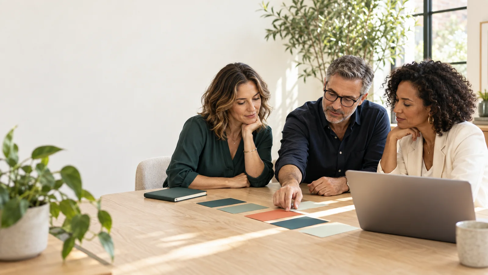 A small team reviewing brand colors and a plan together at a table